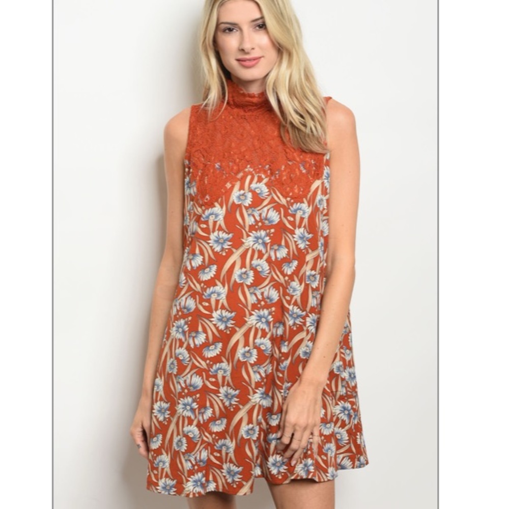 Esley Floral Print Dress High Neck Lace